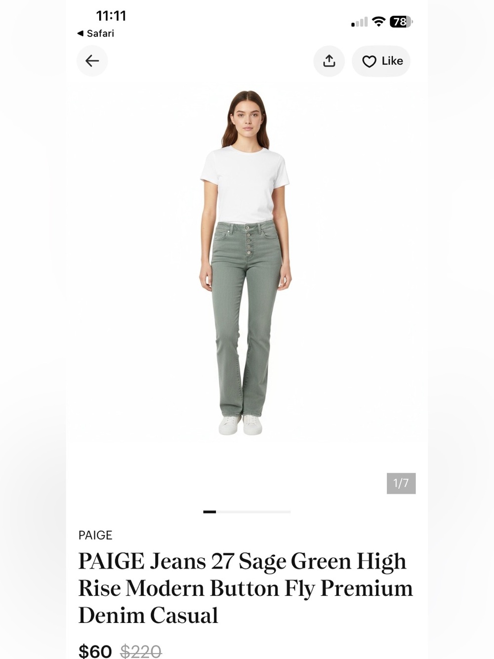 PAIGE Jeans 27 Sage Green High Rise Modern Button Fly Premium Denim Casual